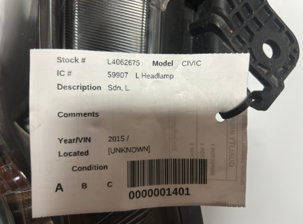 2013-2015 Honda Civic Halogen Left Side Headlight OEM 33150TR0A51